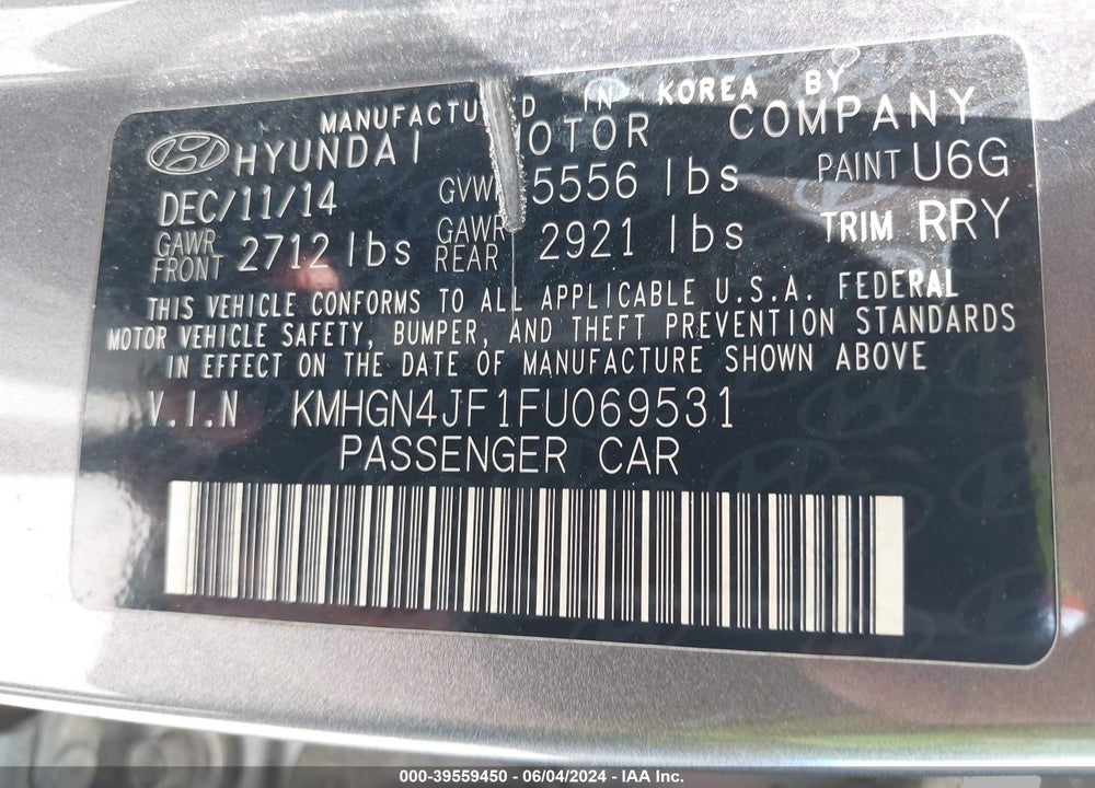 2015 HYUNDAI GENESIS 5.0 VIN: KMHGN4JF1FU069531