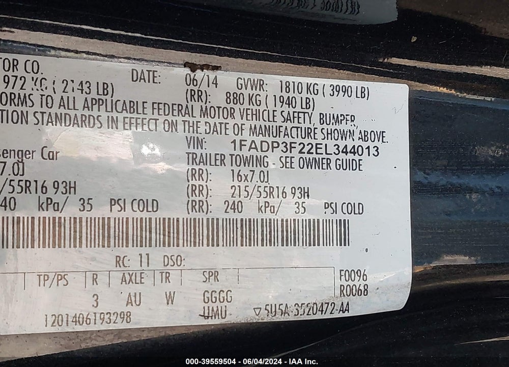 2014 FORD FOCUS SE VIN: 1FADP3F22EL344013