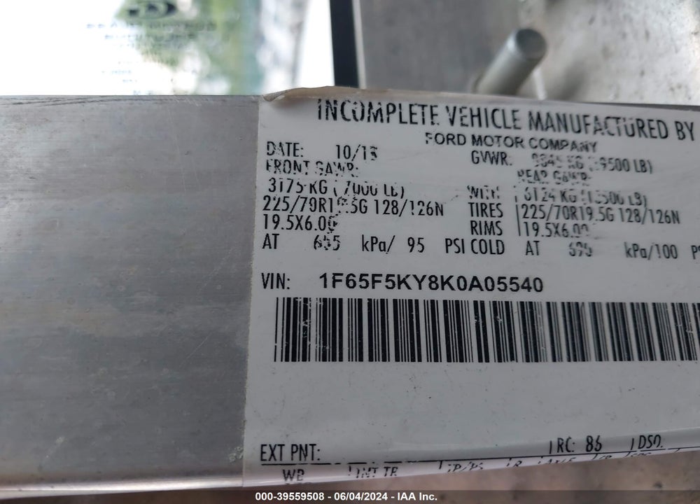2019 FORD F-59 COMMERCIAL STRIPPED VIN: 1F65F5KY8K0A05540