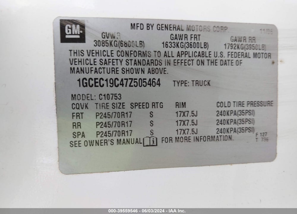2007 CHEVROLET SILVERADO 1500 LT1 VIN: 1GCEC19C47Z505464