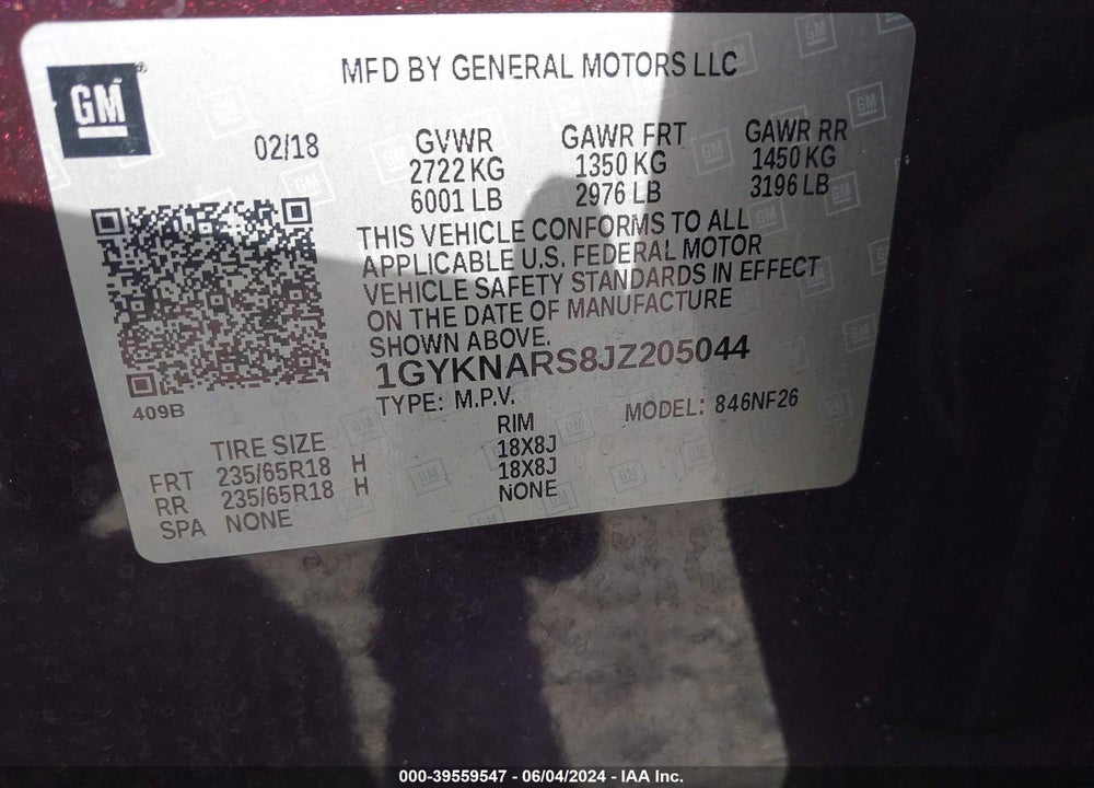 2018 CADILLAC XT5 STANDARD VIN: 1GYKNARS8JZ205044