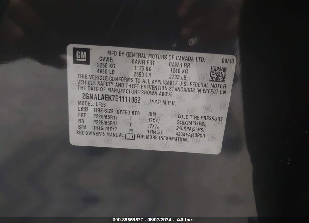 2014 CHEVROLET EQUINOX LS VIN: 2GNALAEK7E1111062