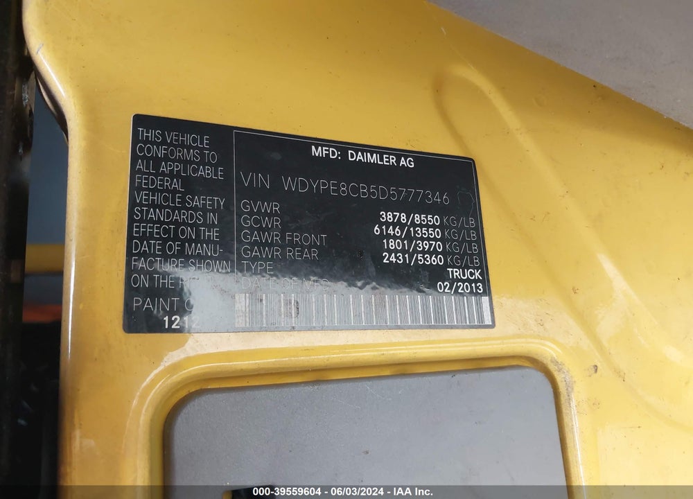 2013 FREIGHTLINER SPRINTER 2500 VIN: WDYPE8CB5D5777346
