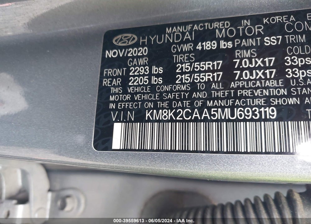 2021 HYUNDAI KONA SEL VIN: KM8K2CAA5MU693119