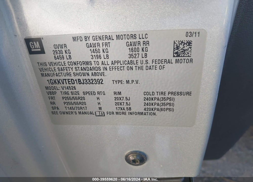 2011 GMC ACADIA DENALI VIN: 1GKKVTED1BJ332392