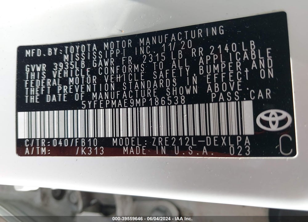 2021 TOYOTA COROLLA LE VIN: 5YFEPMAE9MP186538