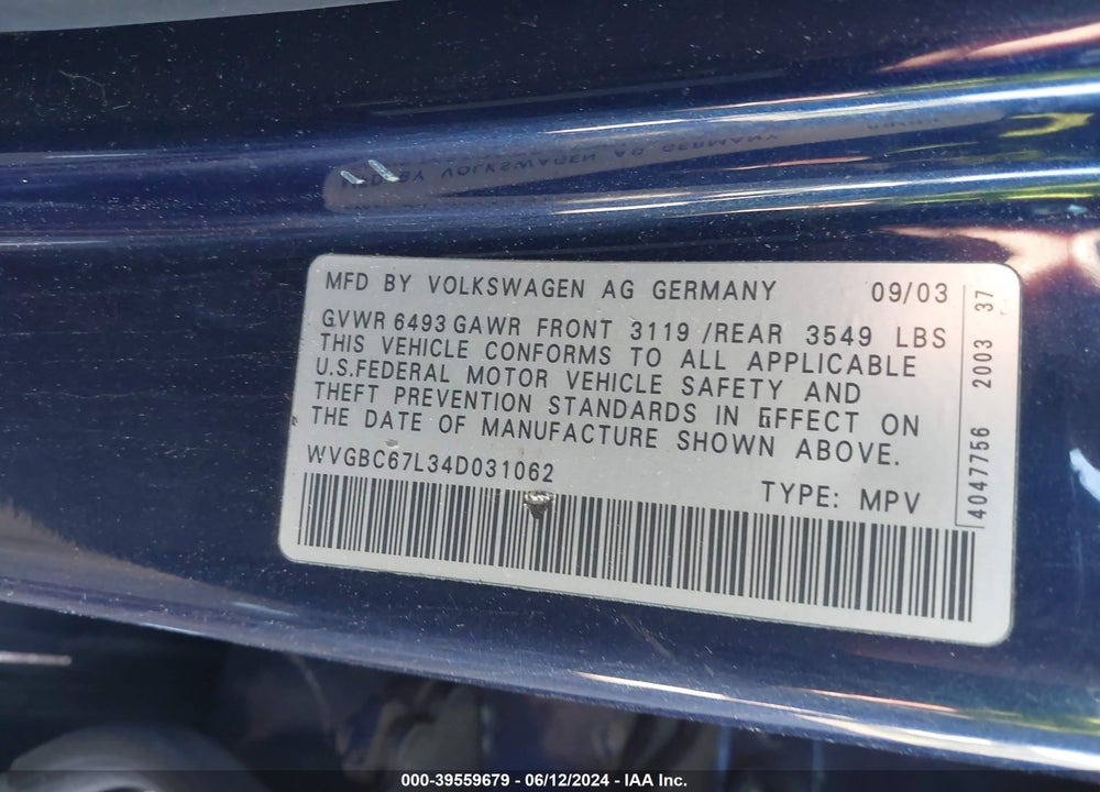 2004 VOLKSWAGEN TOUAREG VIN: WVGBC67L34D031062