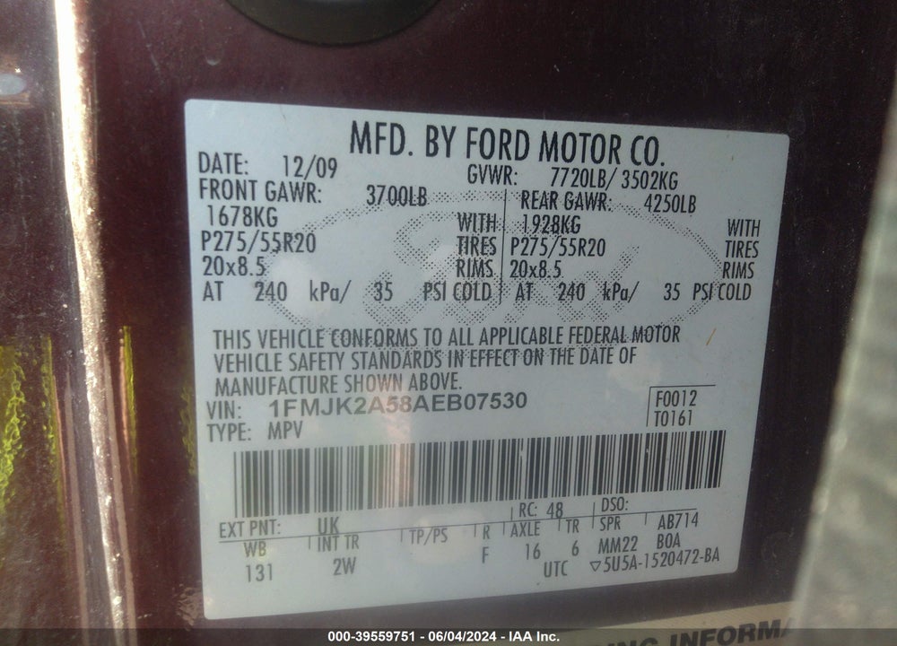 2010 FORD EXPEDITION EL VIN: 1FMJK2A58AEB07530