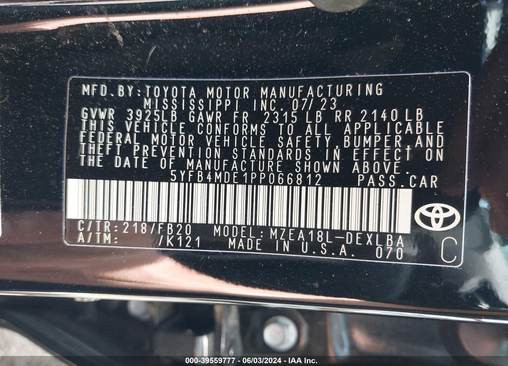 2023 TOYOTA COROLLA LE VIN: 5YFB4MDE1PP066812