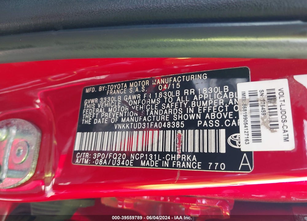 2015 TOYOTA YARIS VIN: VNKKTUD31FA048385