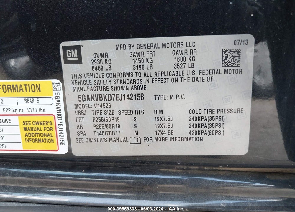 2014 BUICK ENCLAVE LEATHER VIN: 5GAKVBKD7EJ142158