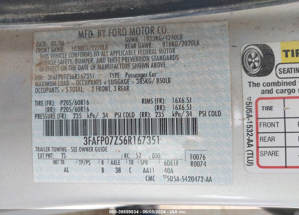 2006 FORD FUSION SE VIN: 3FAFP07Z56R167351