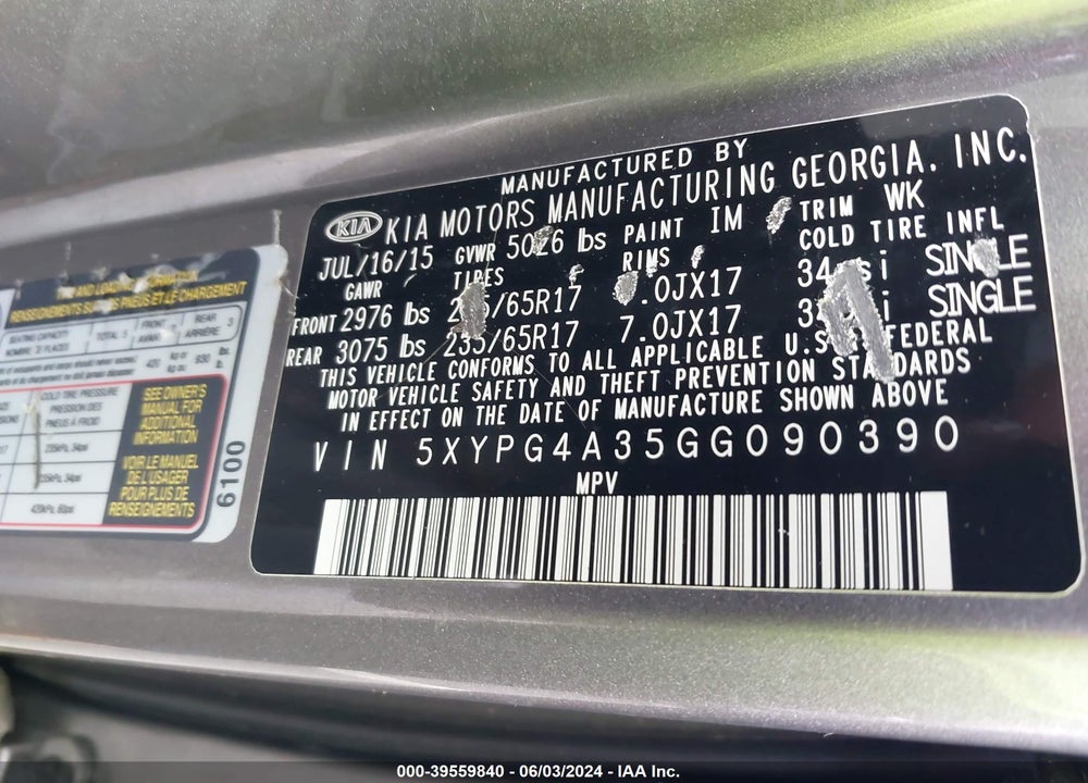 2016 KIA SORENTO 2.4L L VIN: 5XYPG4A35GG090390
