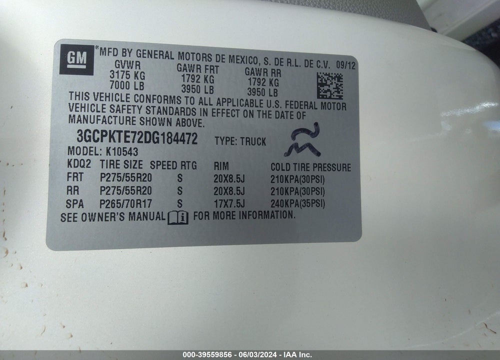 2013 CHEVROLET SILVERADO 1500 LTZ VIN: 3GCPKTE72DG184472