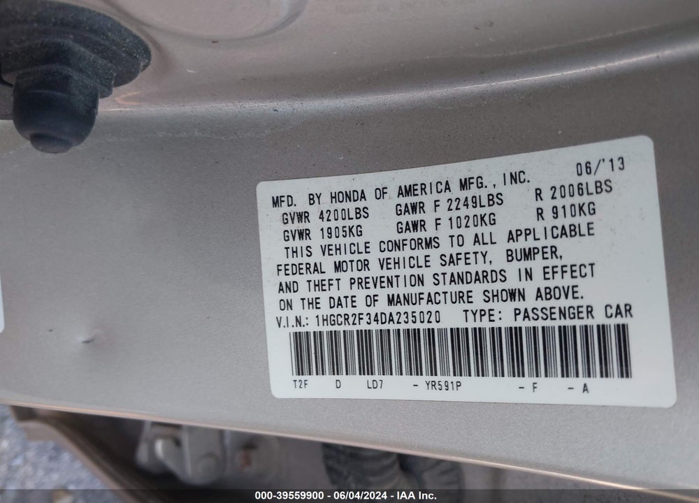 2013 HONDA ACCORD LX VIN: 1HGCR2F34DA235020