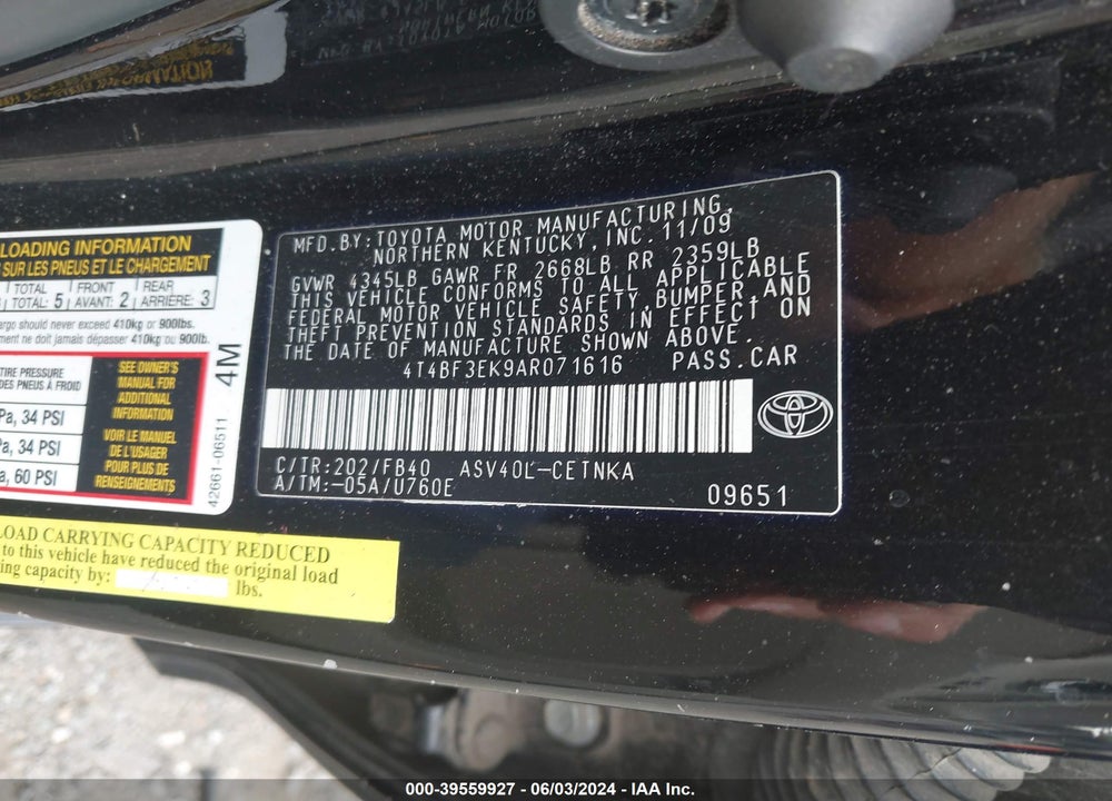 2010 TOYOTA CAMRY LE VIN: 4T4BF3EK9AR071616