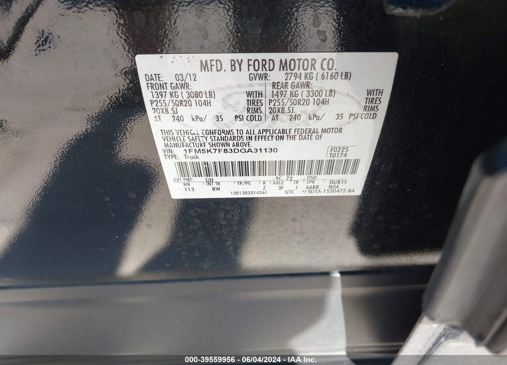 2013 FORD EXPLORER LIMITED VIN: 1FM5K7F83DGA31130