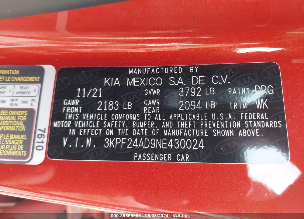 2022 KIA FORTE LXS VIN: 3KPF24AD9NE430024
