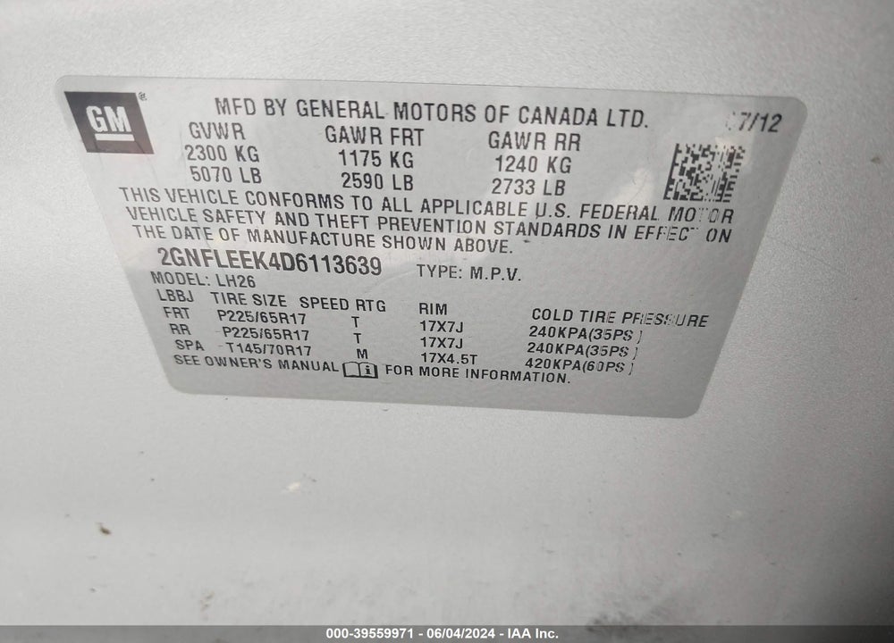 2013 CHEVROLET EQUINOX 1LT VIN: 2GNFLEEK4D6113639