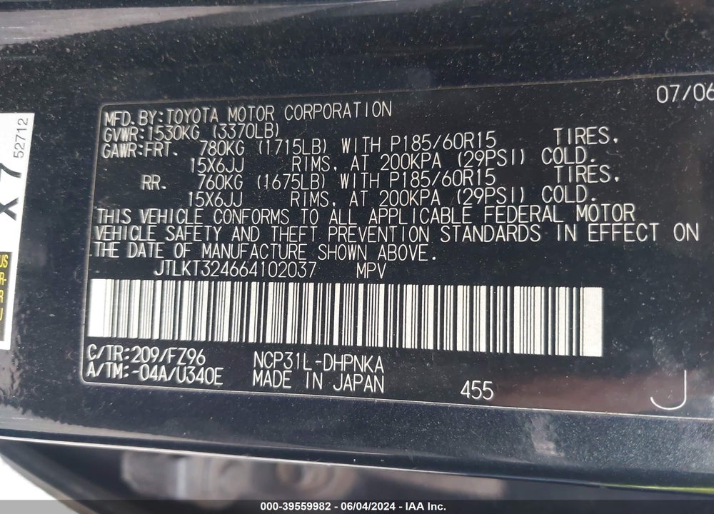 2006 SCION XB VIN: JTLKT324664102037