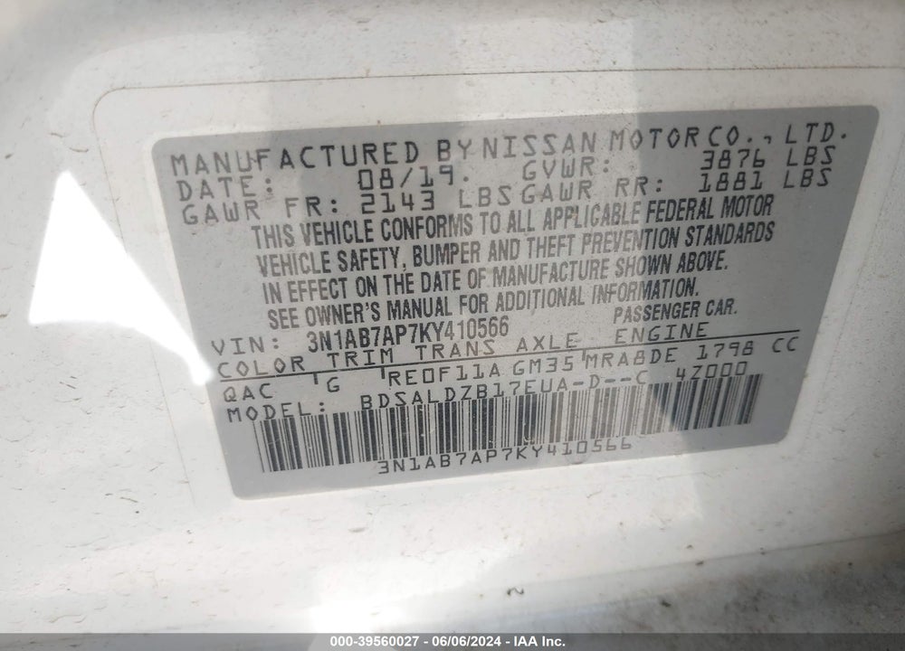 2019 NISSAN SENTRA VIN: 3N1AB7AP7KY410566