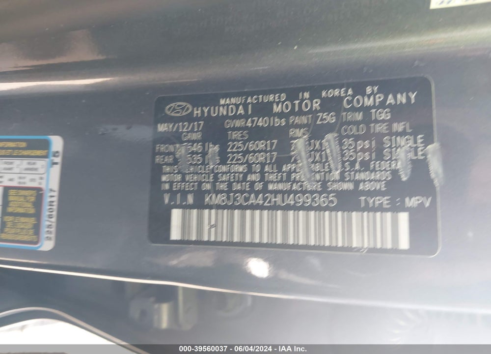 2017 HYUNDAI TUCSON SE VIN: KM8J3CA42HU499365