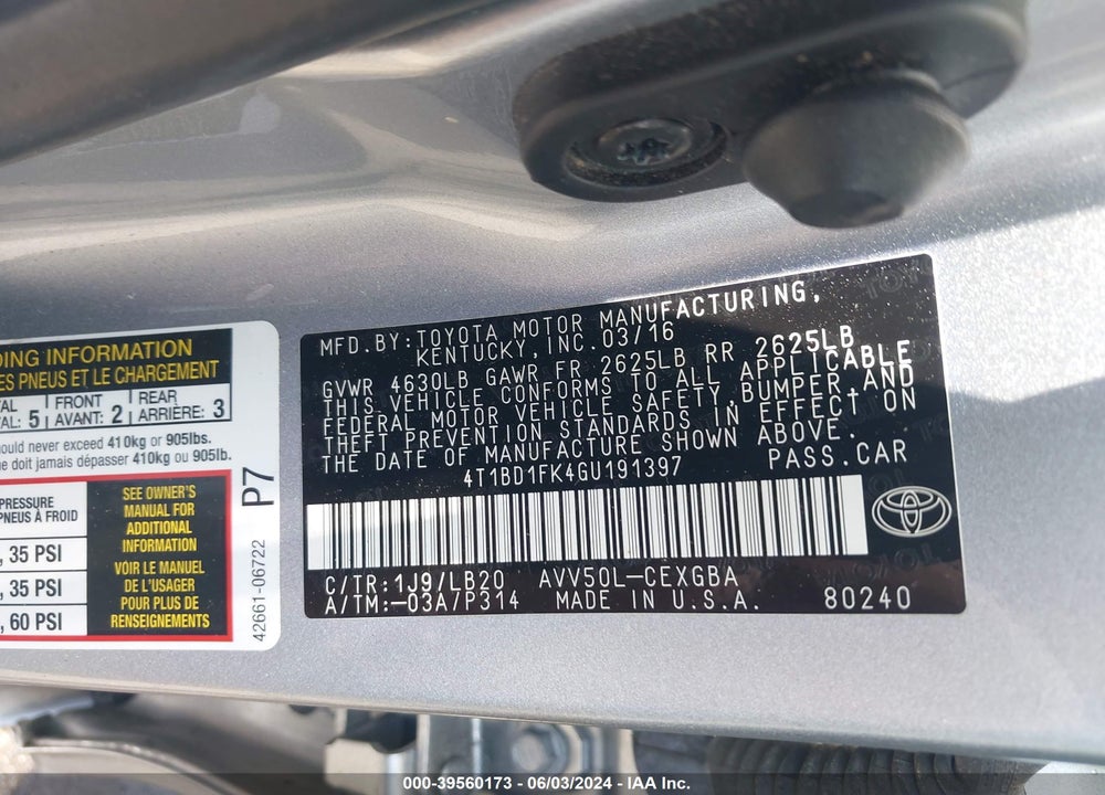 2016 TOYOTA CAMRY HYBRID XLE VIN: 4T1BD1FK4GU191397