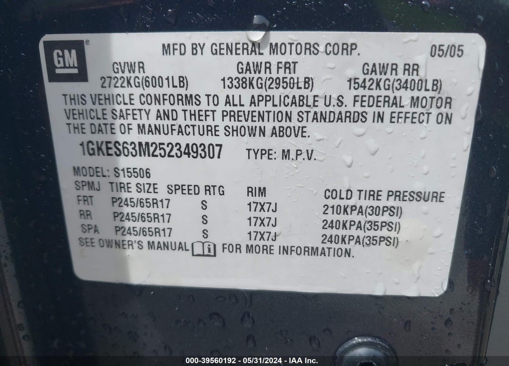 2005 GMC ENVOY DENALI VIN: 1GKES63M252349307