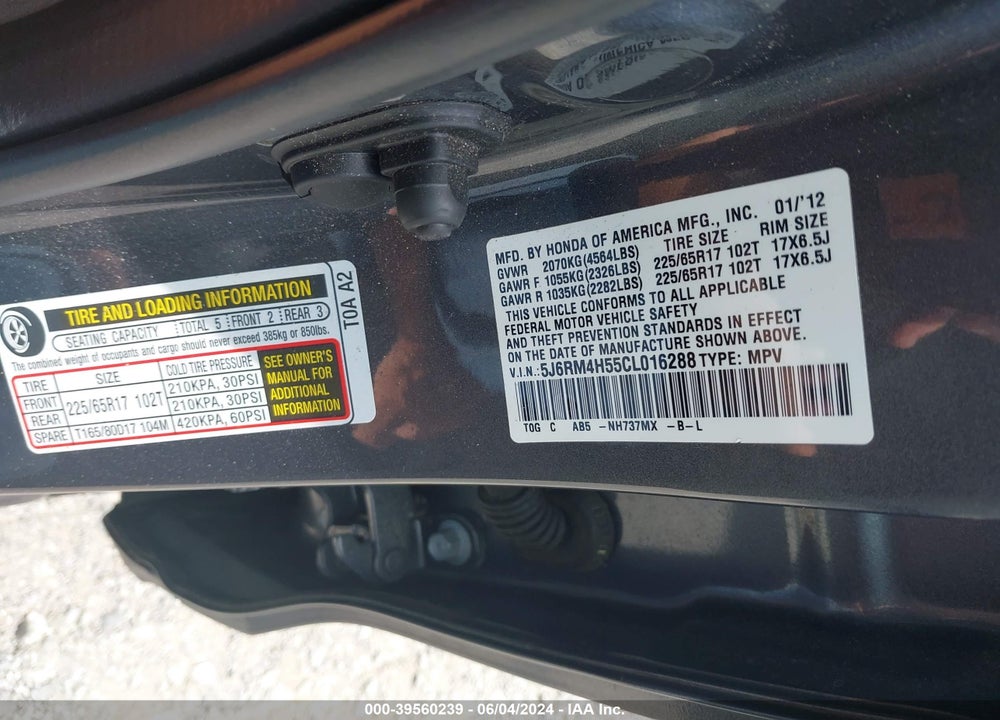 2012 HONDA CR-V EX VIN: 5J6RM4H55CL016288