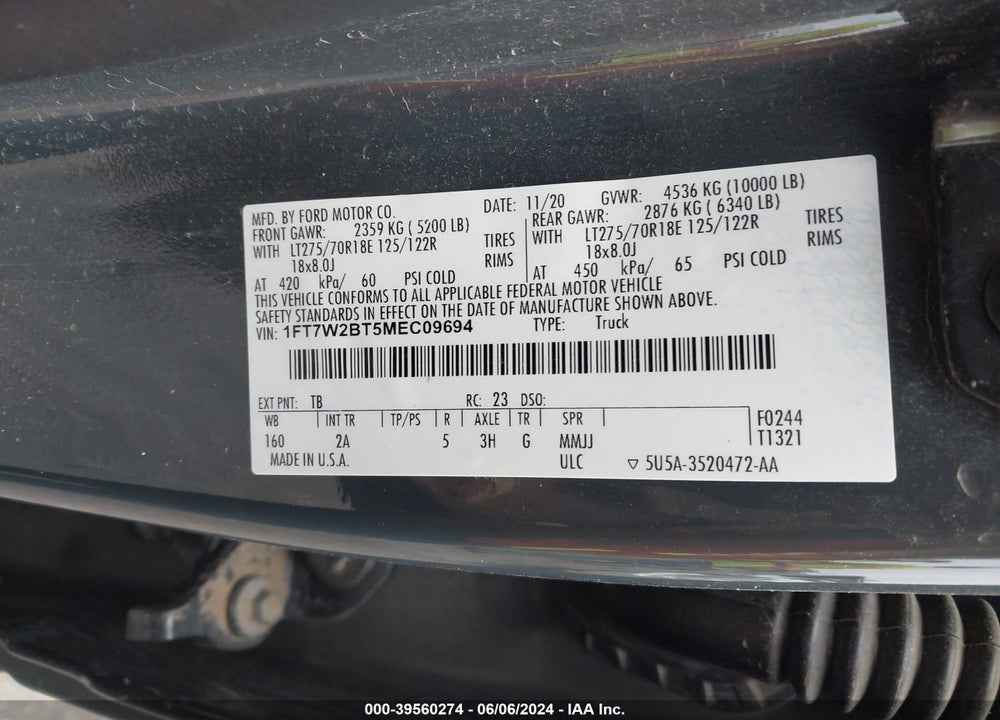 2021 FORD F-250 XLT VIN: 1FT7W2BT5MEC09694