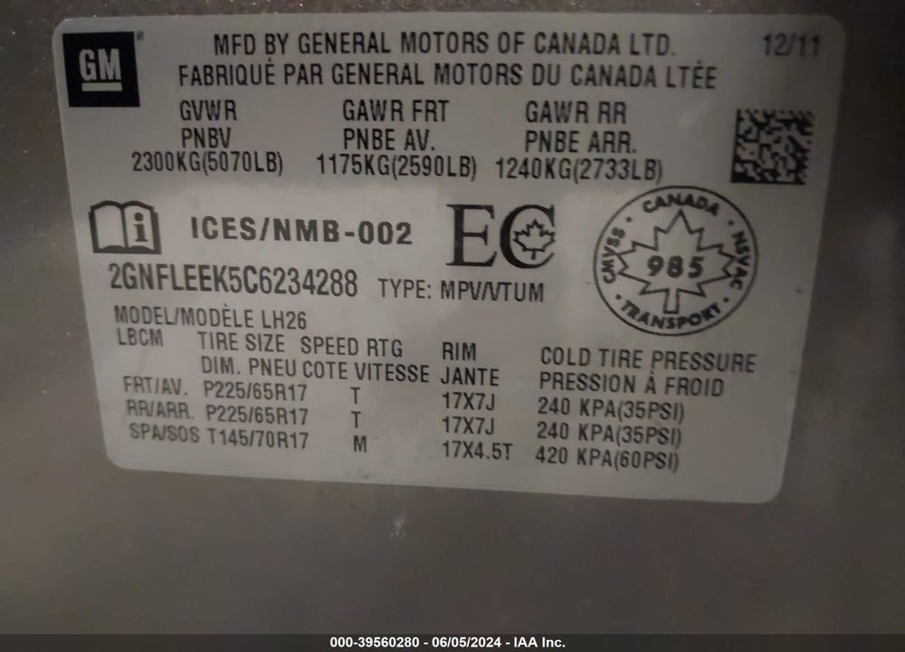 2012 CHEVROLET EQUINOX 1LT VIN: 2GNFLEEK5C6234288