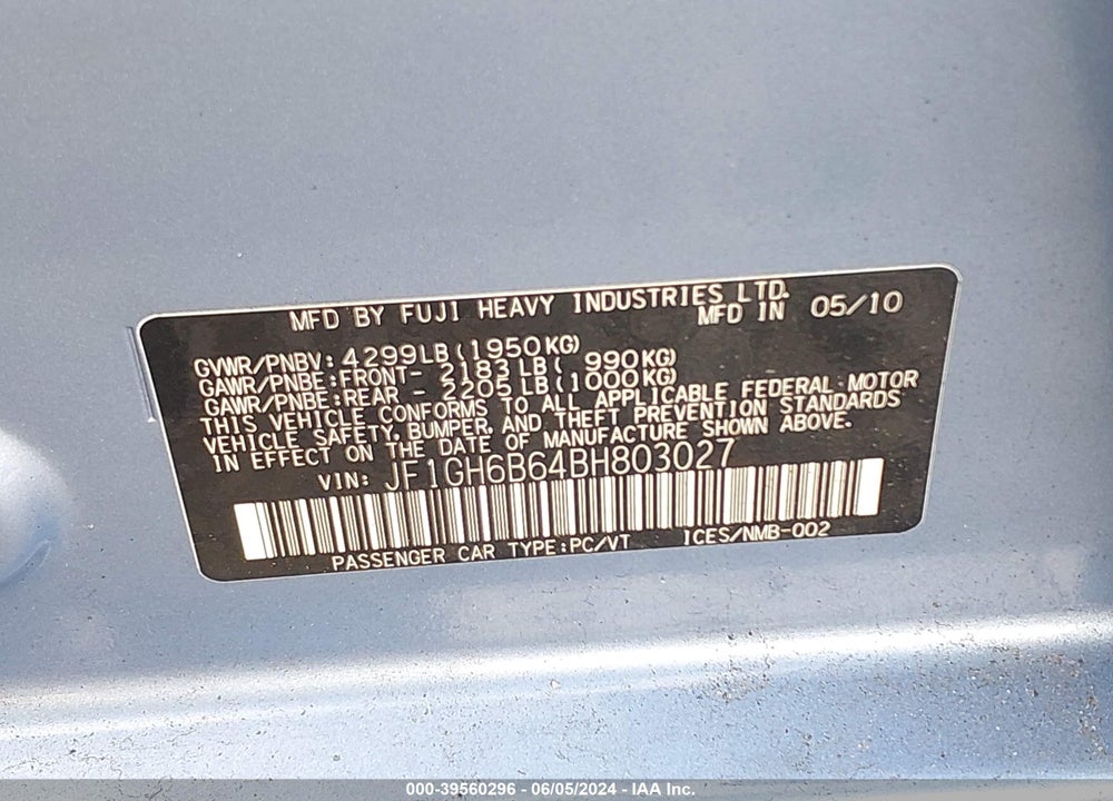 2011 SUBARU IMPREZA 2.5I PREMIUM VIN: JF1GH6B64BH803027