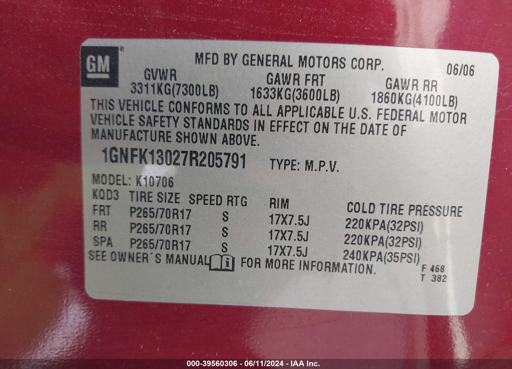 2007 CHEVROLET TAHOE LT VIN: 1GNFK13027R205791