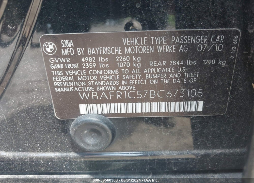 2011 BMW 528I VIN: WBAFR1C57BC673105