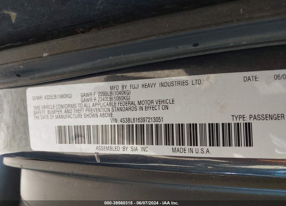 2009 SUBARU LEGACY 2.5I VIN: 4S3BL616397213051