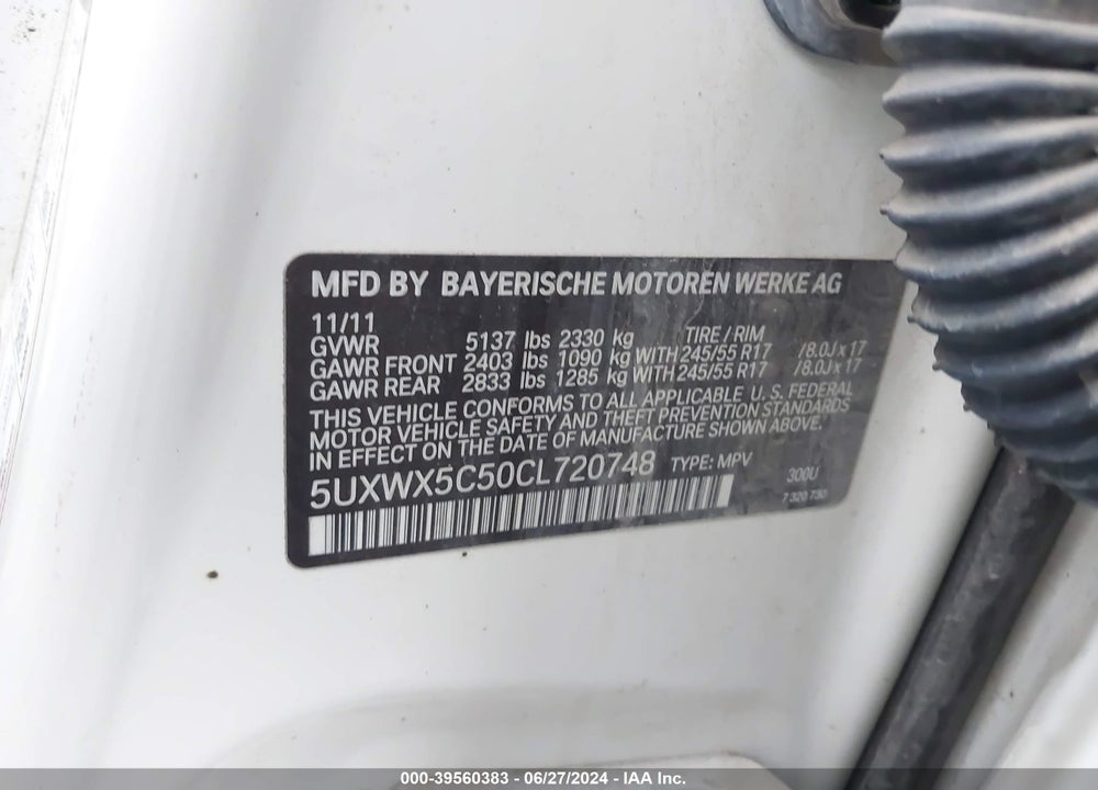 2012 BMW X3 XDRIVE28I VIN: 5UXWX5C50CL720748
