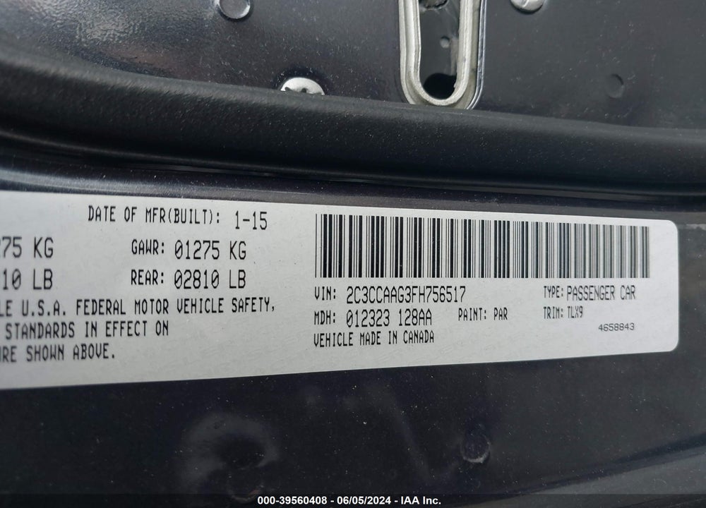 2015 CHRYSLER 300 LIMITED VIN: 2C3CCAAG3FH756517