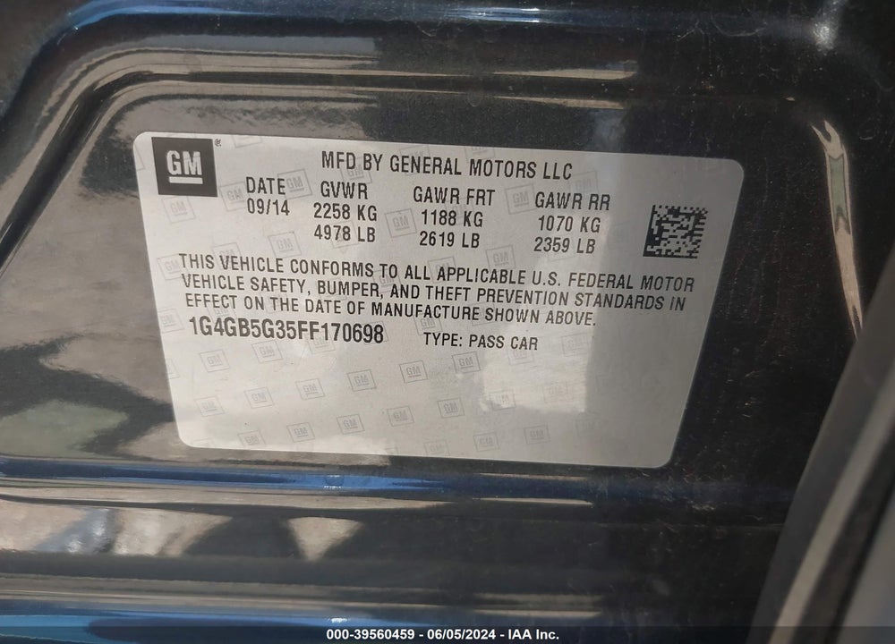 2015 BUICK LACROSSE VIN: 1G4GB5G35FF170698