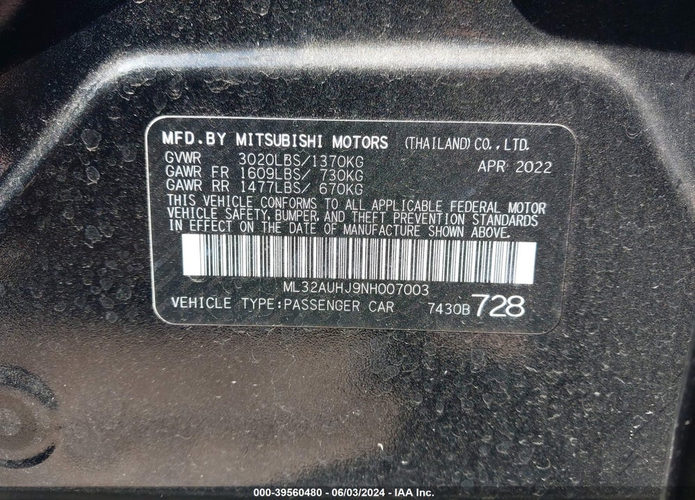 2022 MITSUBISHI MIRAGE ES/LE VIN: ML32AUHJ9NH007003