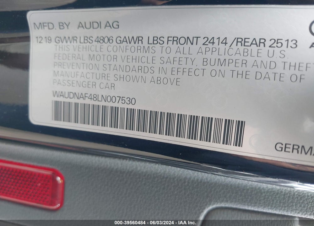 2020 AUDI A4 PREMIUM 45 TFSI QUATTRO S TRONIC VIN: WAUDNAF48LN007530
