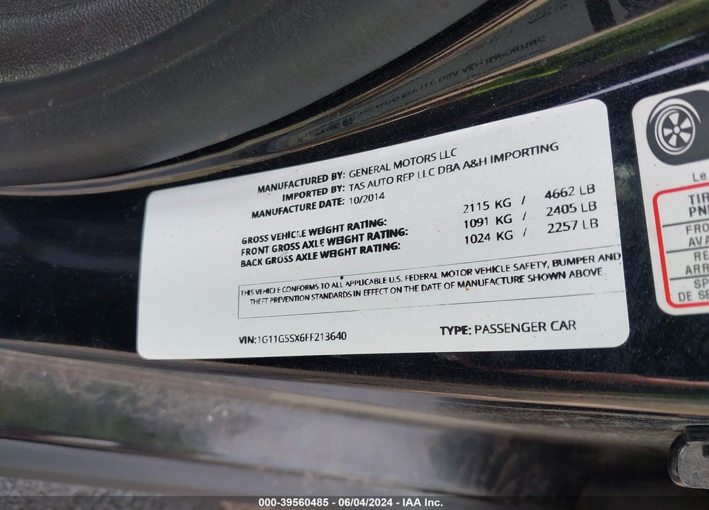 2015 CHEVROLET MALIBU 2LZ VIN: 1G11G5SX6FF213640