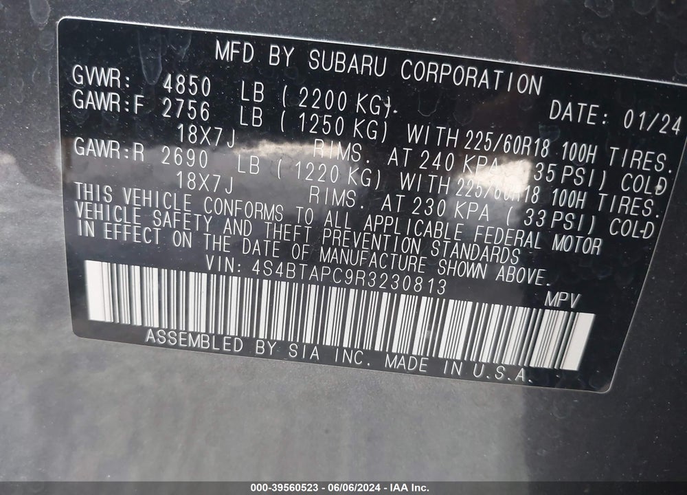 2024 SUBARU OUTBACK TOURING VIN: 4S4BTAPC9R3230813
