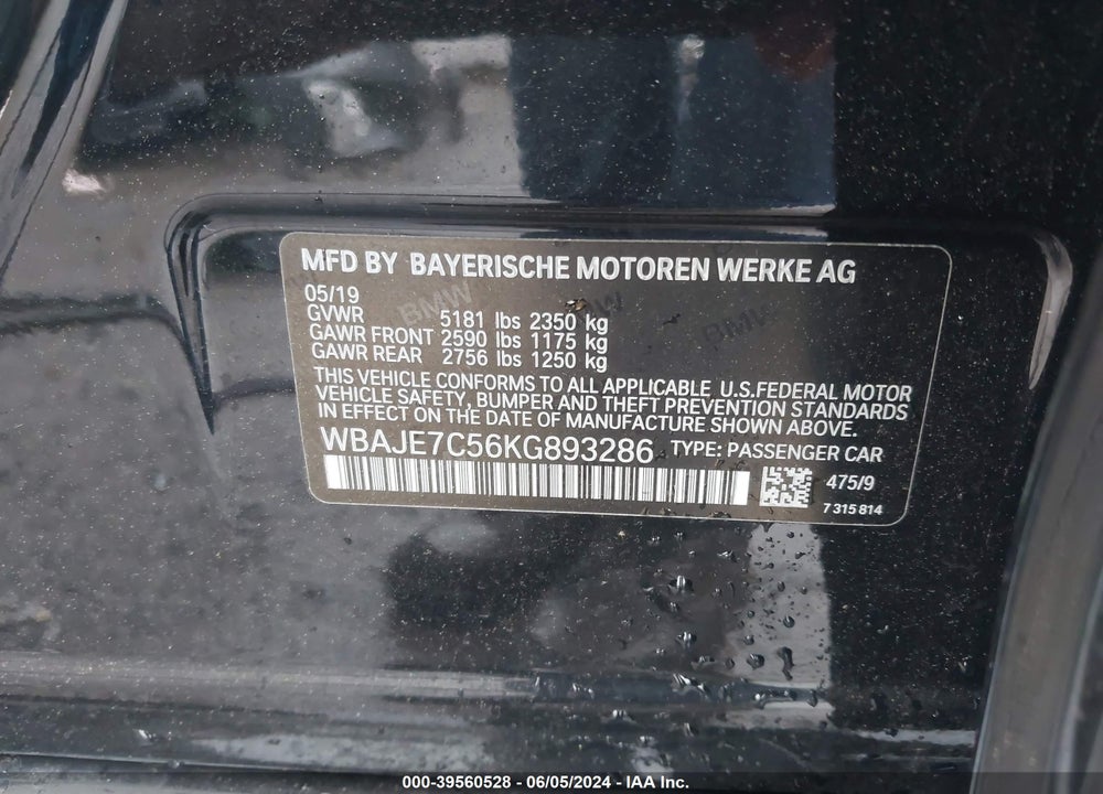 2019 BMW 540I XDRIVE VIN: WBAJE7C56KG893286
