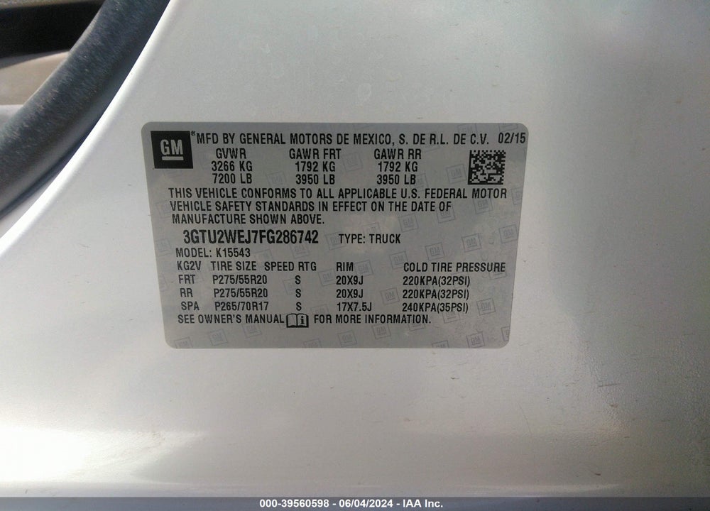 2015 GMC SIERRA 1500 DENALI VIN: 3GTU2WEJ7FG286742