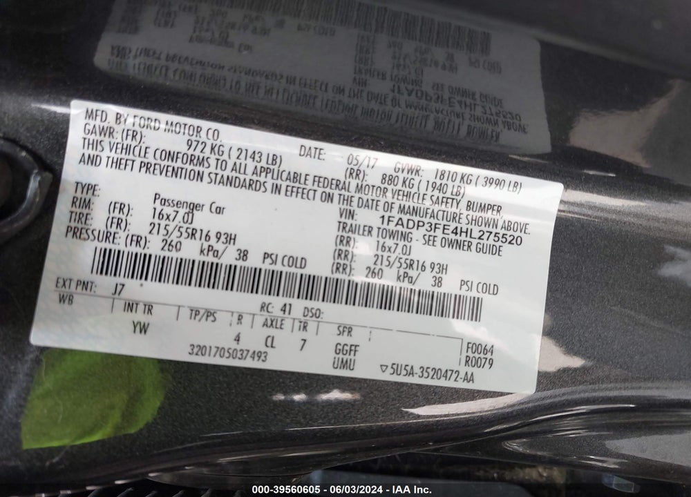 2017 FORD FOCUS SE VIN: 1FADP3FE4HL275520
