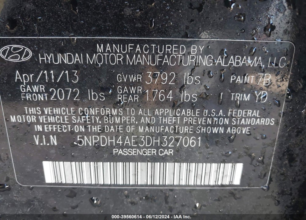 2013 HYUNDAI ELANTRA GLS VIN: 5NPDH4AE3DH327061