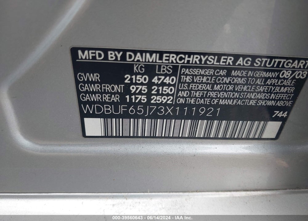 2003 MERCEDES-BENZ E 320 VIN: WDBUF65J73X111921