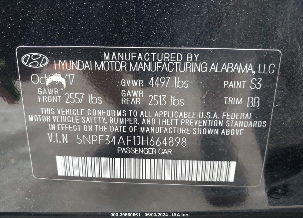 2018 HYUNDAI SONATA SEL VIN: 5NPE34AF1JH664898