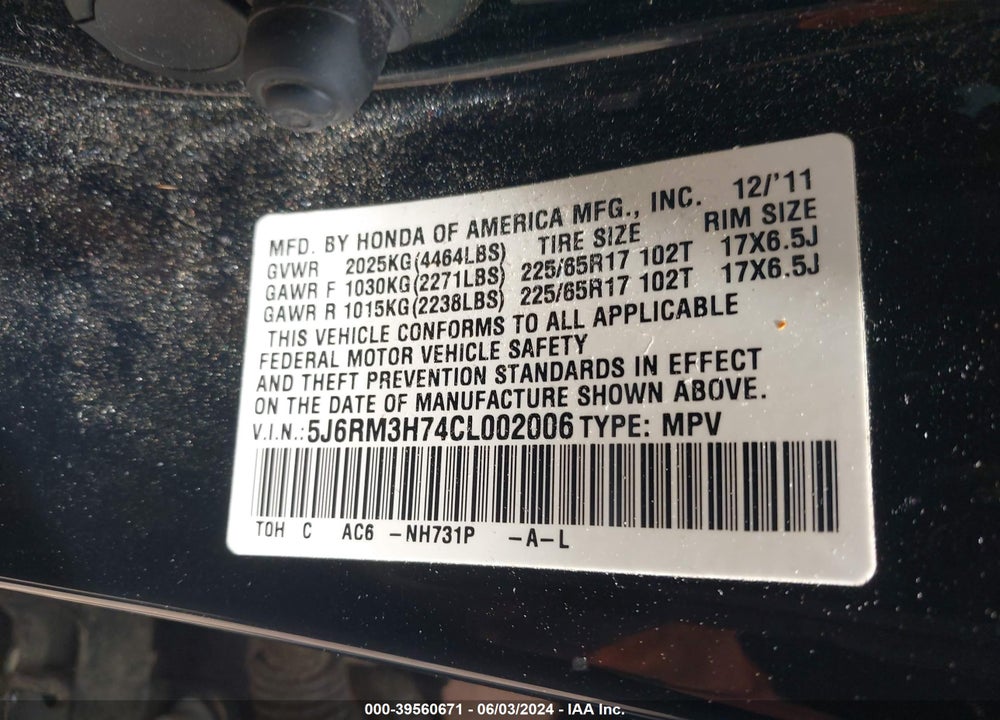 2012 HONDA CR-V EX-L VIN: 5J6RM3H74CL002006