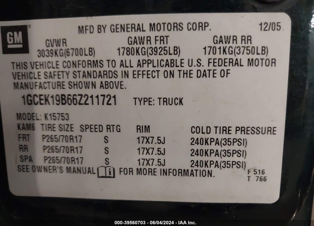 2006 CHEVROLET SILVERADO 1500 LT3 VIN: 1GCEK19B66Z211721